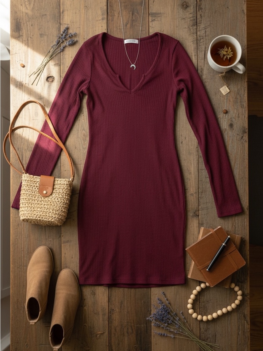 Bozzolo Ribbed Long Sleeve V-Neck Bodycon Dress in Wine